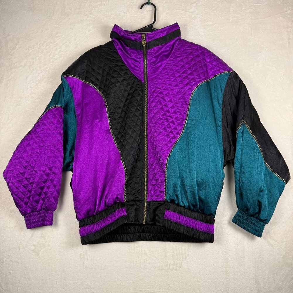 Vintage 80s Colorblock Windbreaker Jacket Purple Teal Black Medium